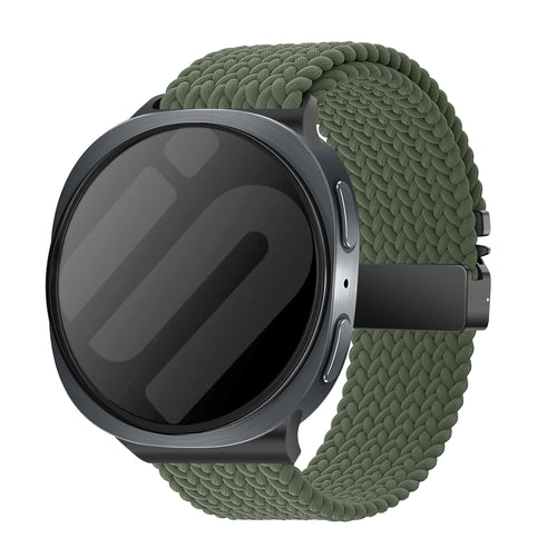 Nylon Braided Strap P-Buckle, army green, on a watch, 3/4 front view