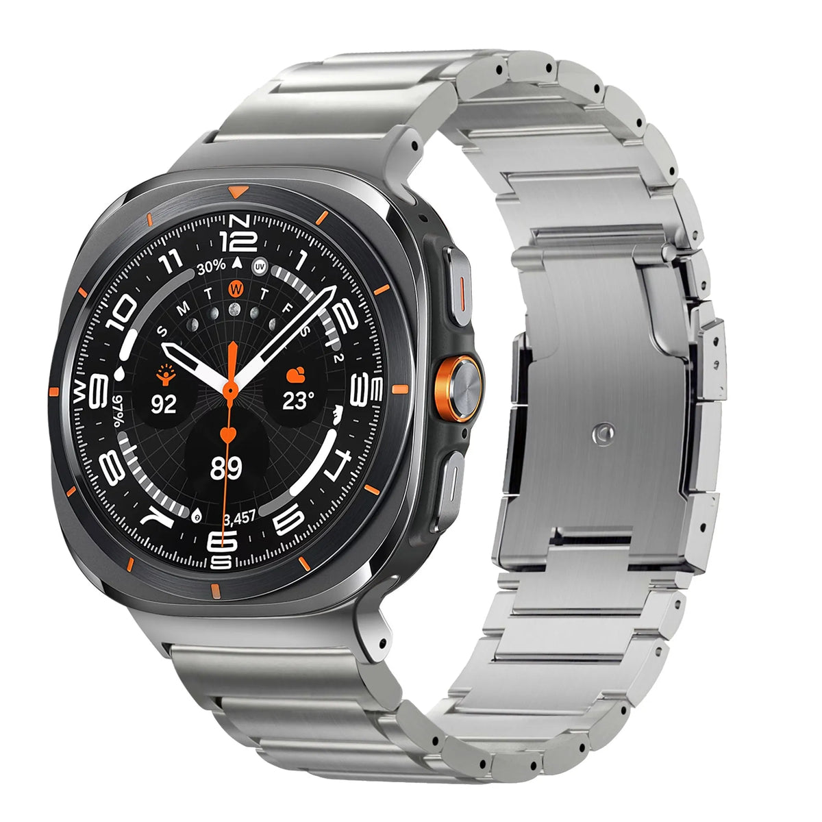 Titanium Strap 'Classic', silver, on a watch, 3/4 front view
