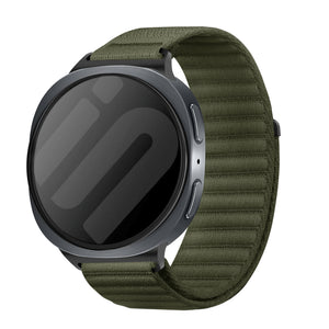 Wave Nylon Strap, dark green, on a watch, 3/4 front view