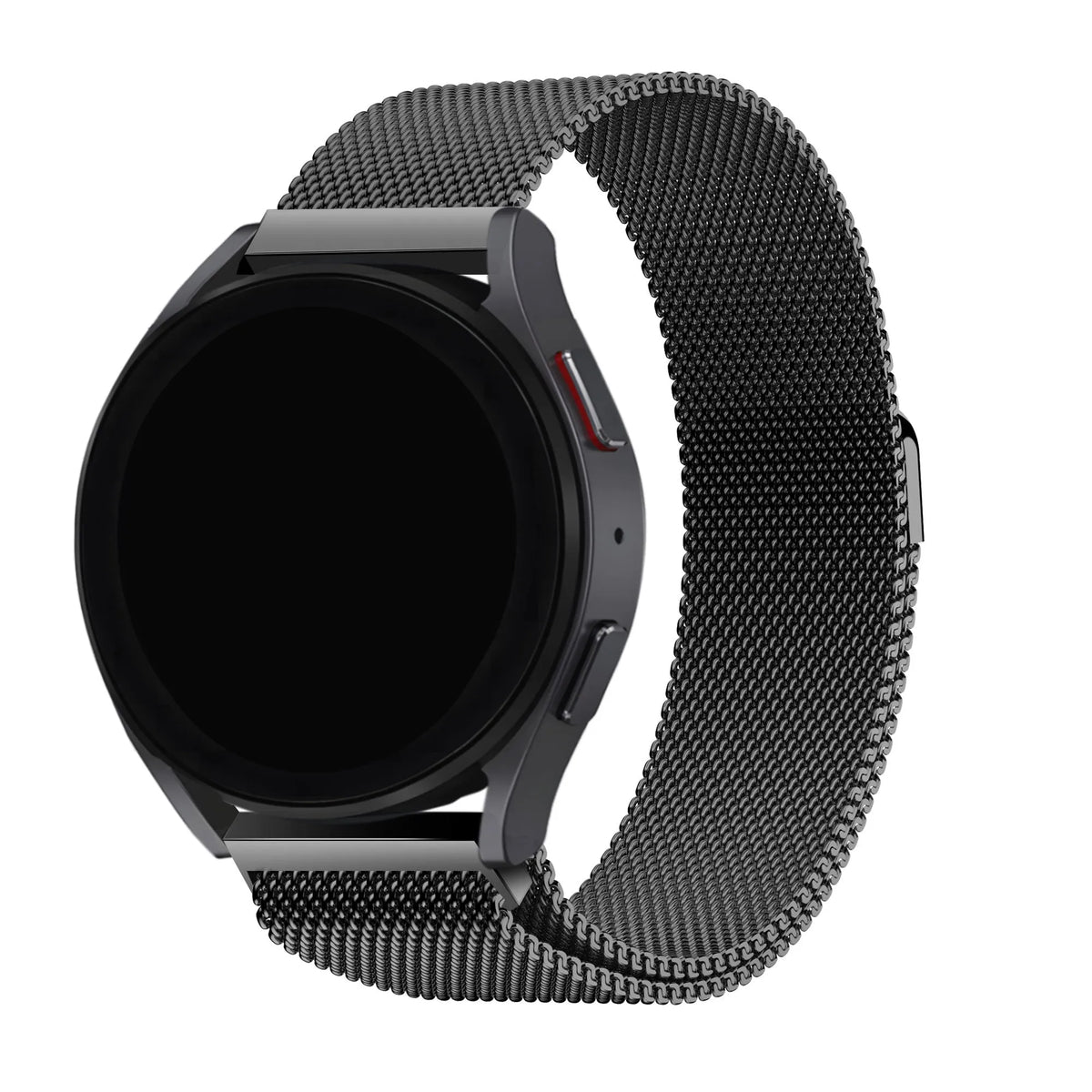 Milanese Loop Strap, black, on a watch, 3/4 front view