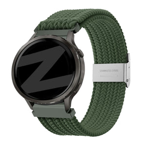 Woven Nylon Strap, olive green, on a watch, 3/4 front view