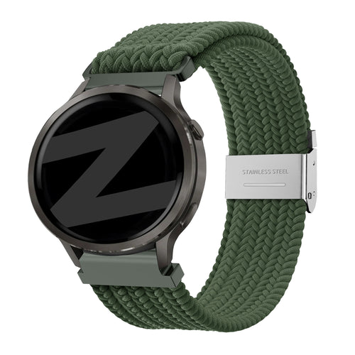Woven Nylon Strap, olive green, on a watch, 3/4 front view