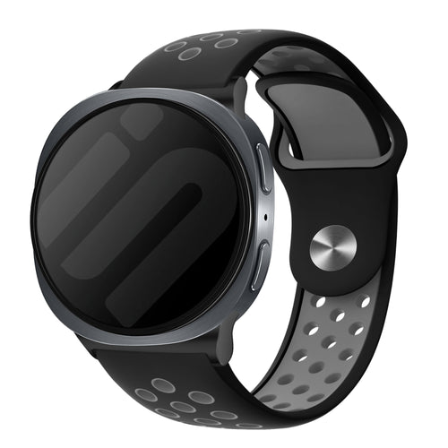 Silicone Sport Strap, black/grey, on a watch, 3/4 front view