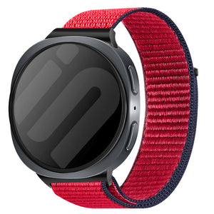 Nylon Strap, red mix, on a watch, 3/4 front view
