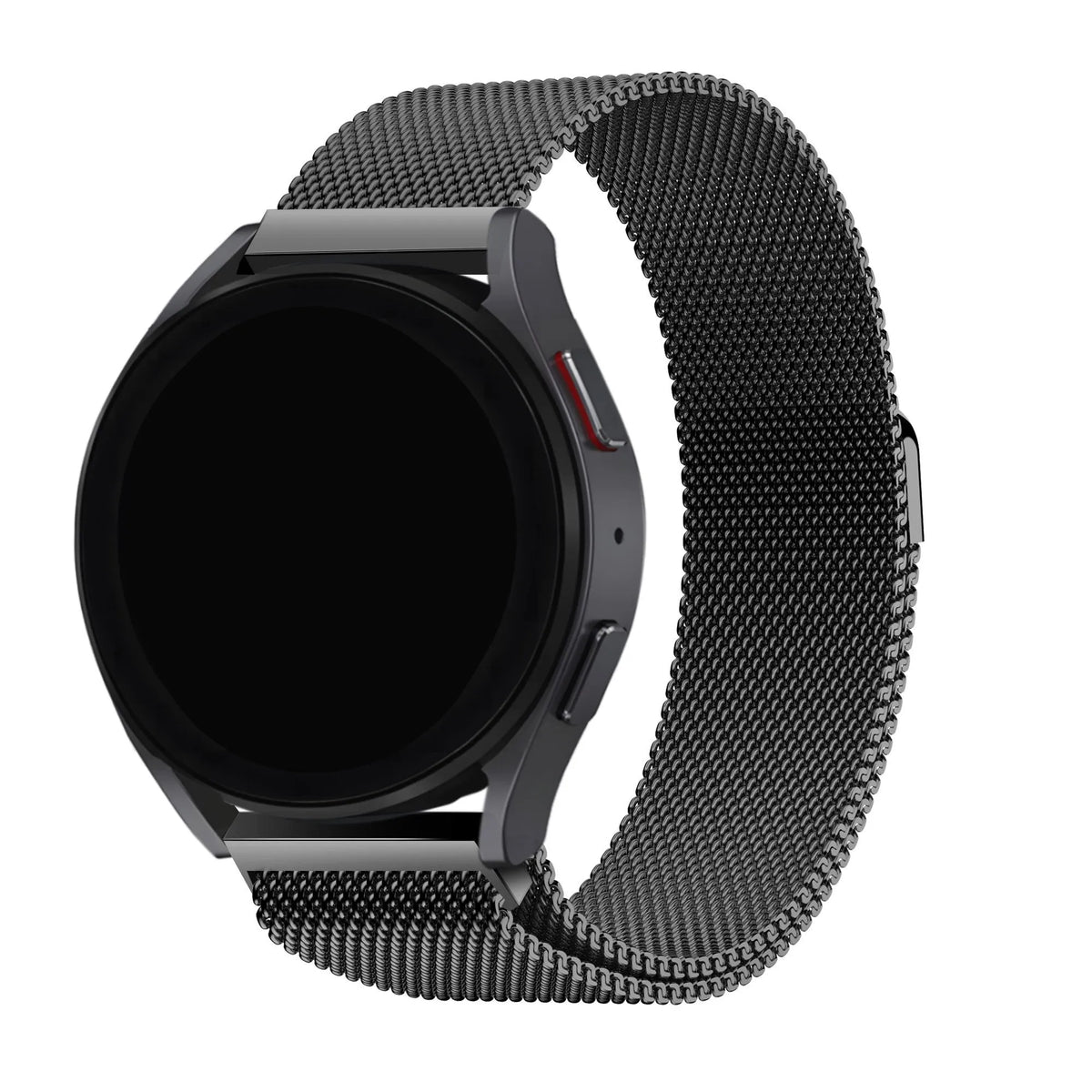 Milanese Strap, black, on a watch, 3/4 front view