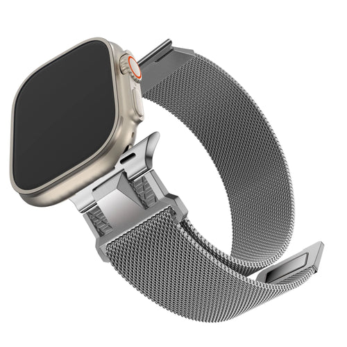 Milanese Strap 'Mecha', titanium silver, on a watch, 3/4 front view