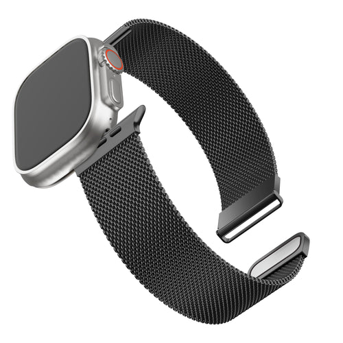 Milanese Strap, black, on a watch, 3/4 front view