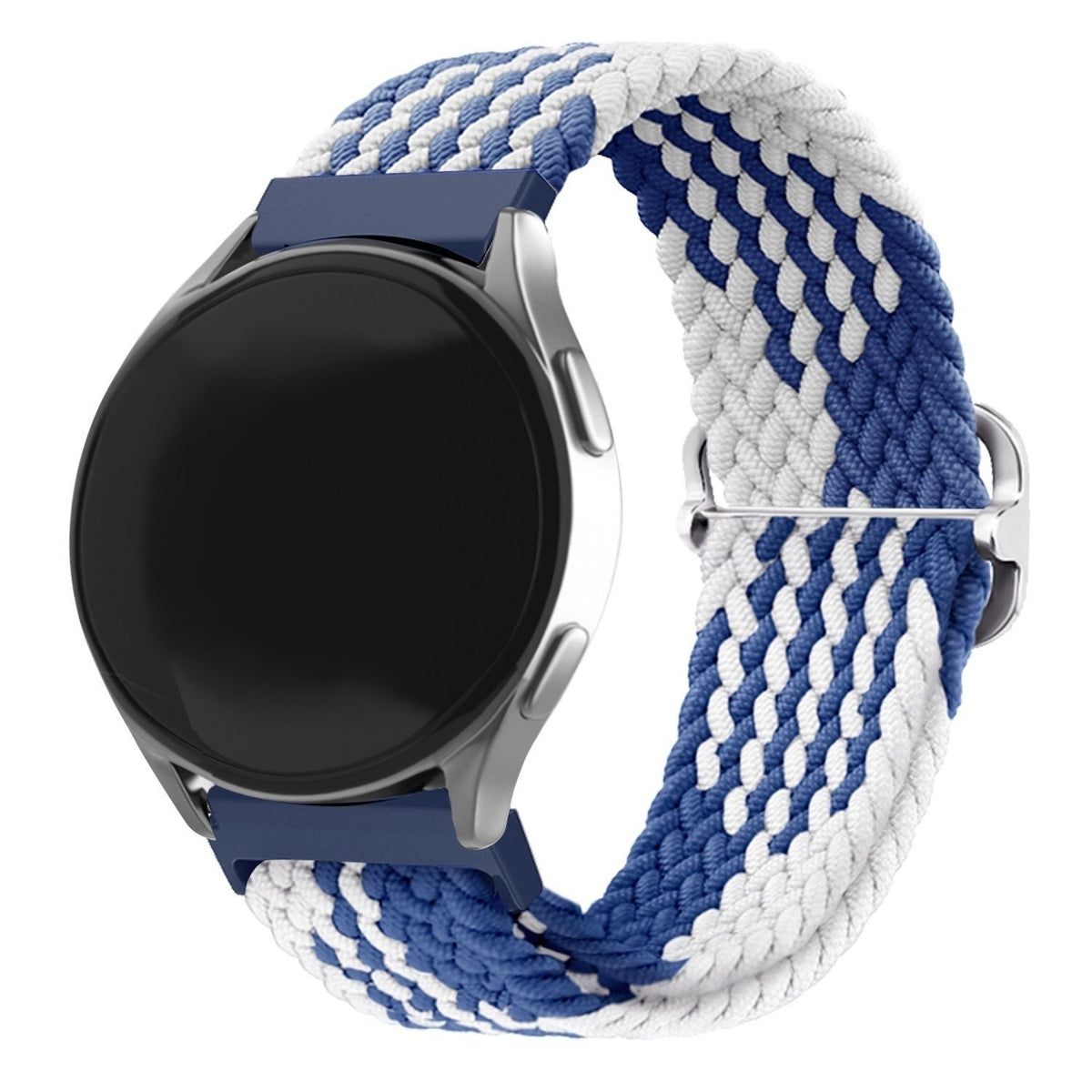 Nylon Adjustable Braided Strap, blue/white, on a watch, 3/4 front view