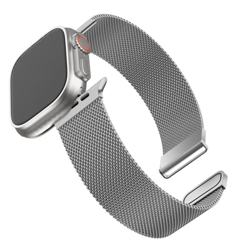 Milanese Strap, silver, on a watch, 3/4 front view
