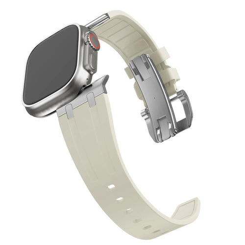 Silicone Strap 'Luxe Liquid', beige with silver, on a watch, 3/4 front view