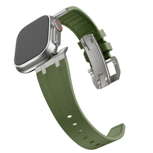 Silicone Strap 'Luxe Liquid', green with titanium, on a watch, 3/4 front view