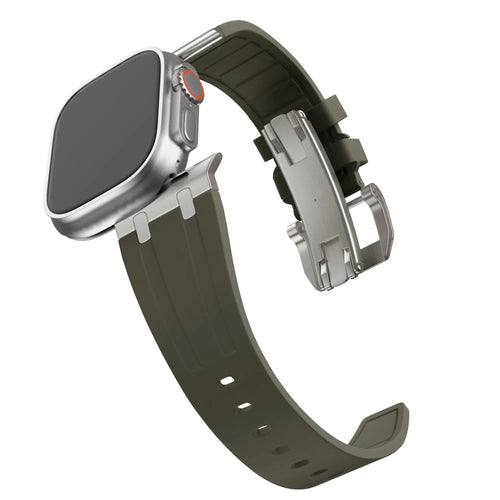 Silicone Strap 'Luxe Liquid', brown with titanium, on a watch, 3/4 front view