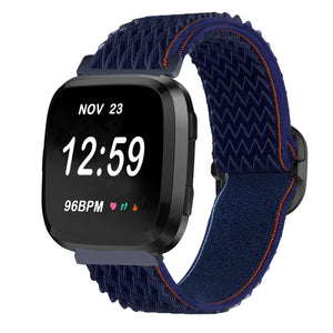 Nylon Elastic Strap, blue, on a watch, 3/4 front view