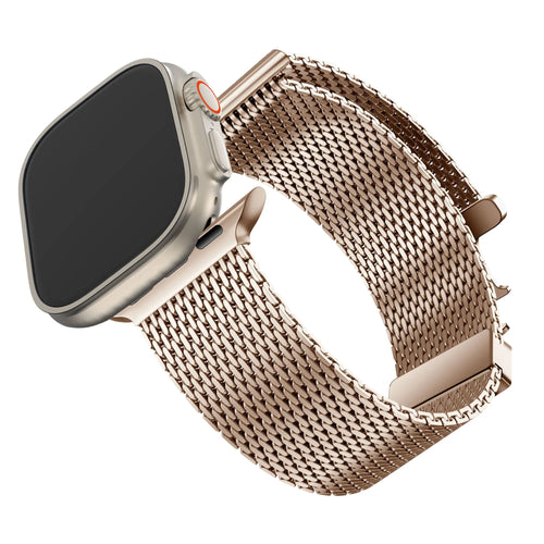Milanese Loop Strap P-Buckle, rose gold, on a watch, 3/4 front view