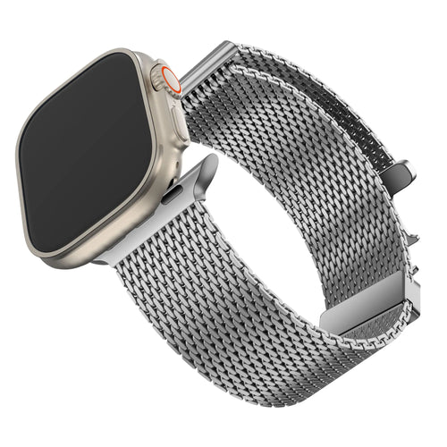 Milanese Loop Strap P-Buckle, silver, on a watch, 3/4 front view