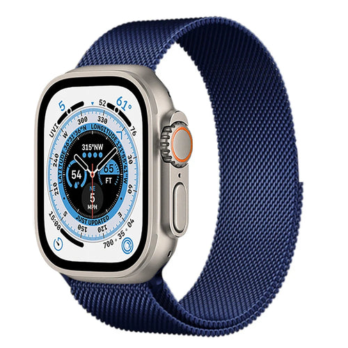 Milanese Strap, blue, on a watch, 3/4 front view