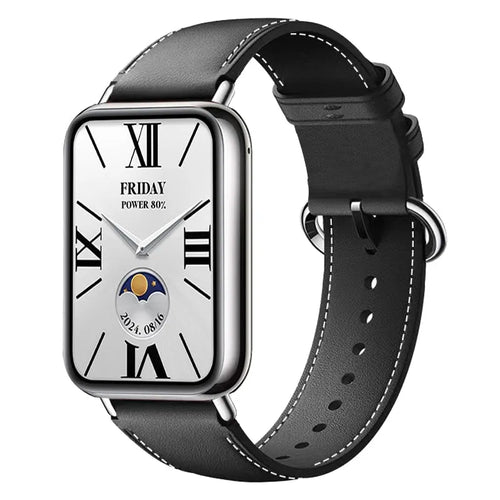Leather Strap, black, on a watch, 3/4 front view