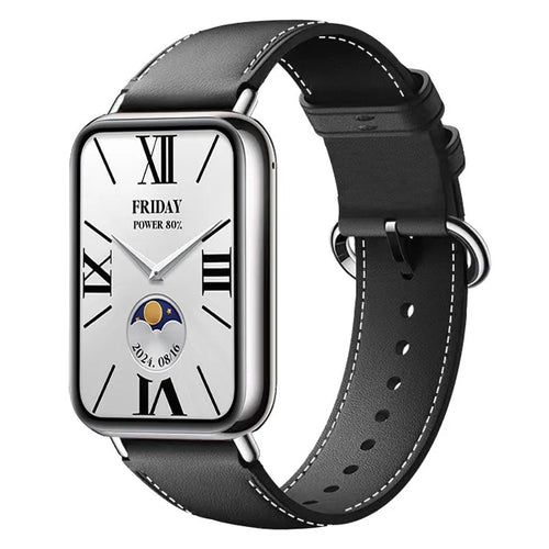 Leather Strap, black, on a watch, 3/4 front view