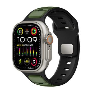 Silicone Premium Outdoor Strap, army green/black, on a watch, 3/4 front view
