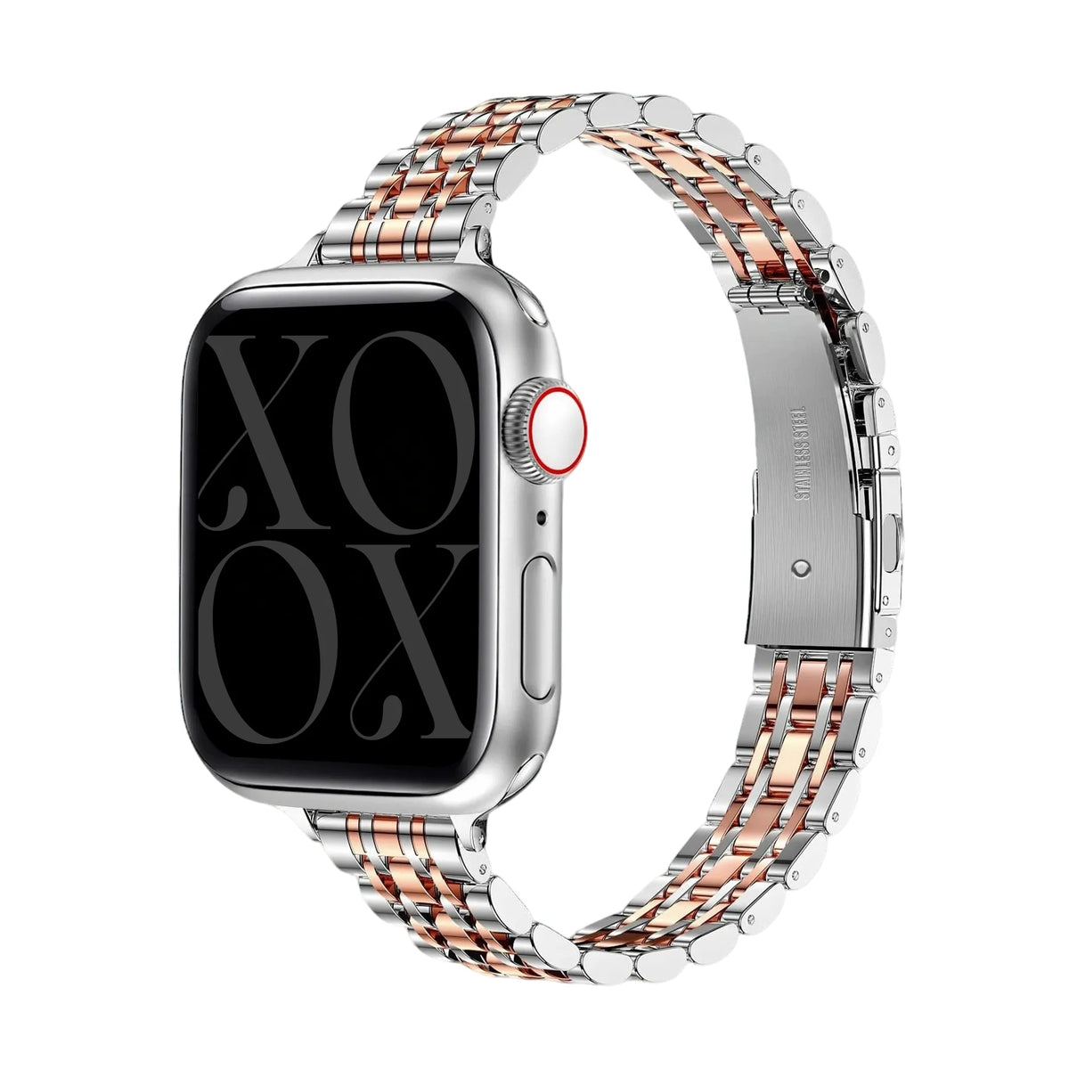 Steel Strap 'Slim', silver/rose gold, on a watch, 3/4 front view