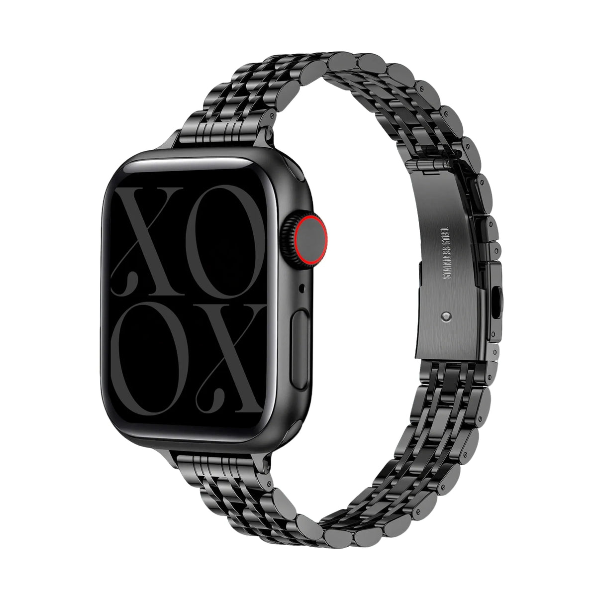 Steel Strap 'Slim', black, on a watch, 3/4 front view