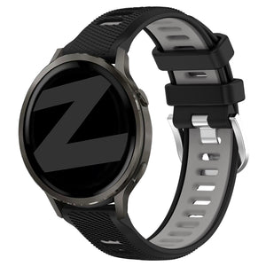 Silicone Buckled dual sport strap, black/grey, on a watch, 3/4 front view