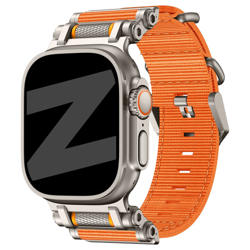 Nylon Strap 'Explorer', orange/titanium, on a watch, 3/4 front view