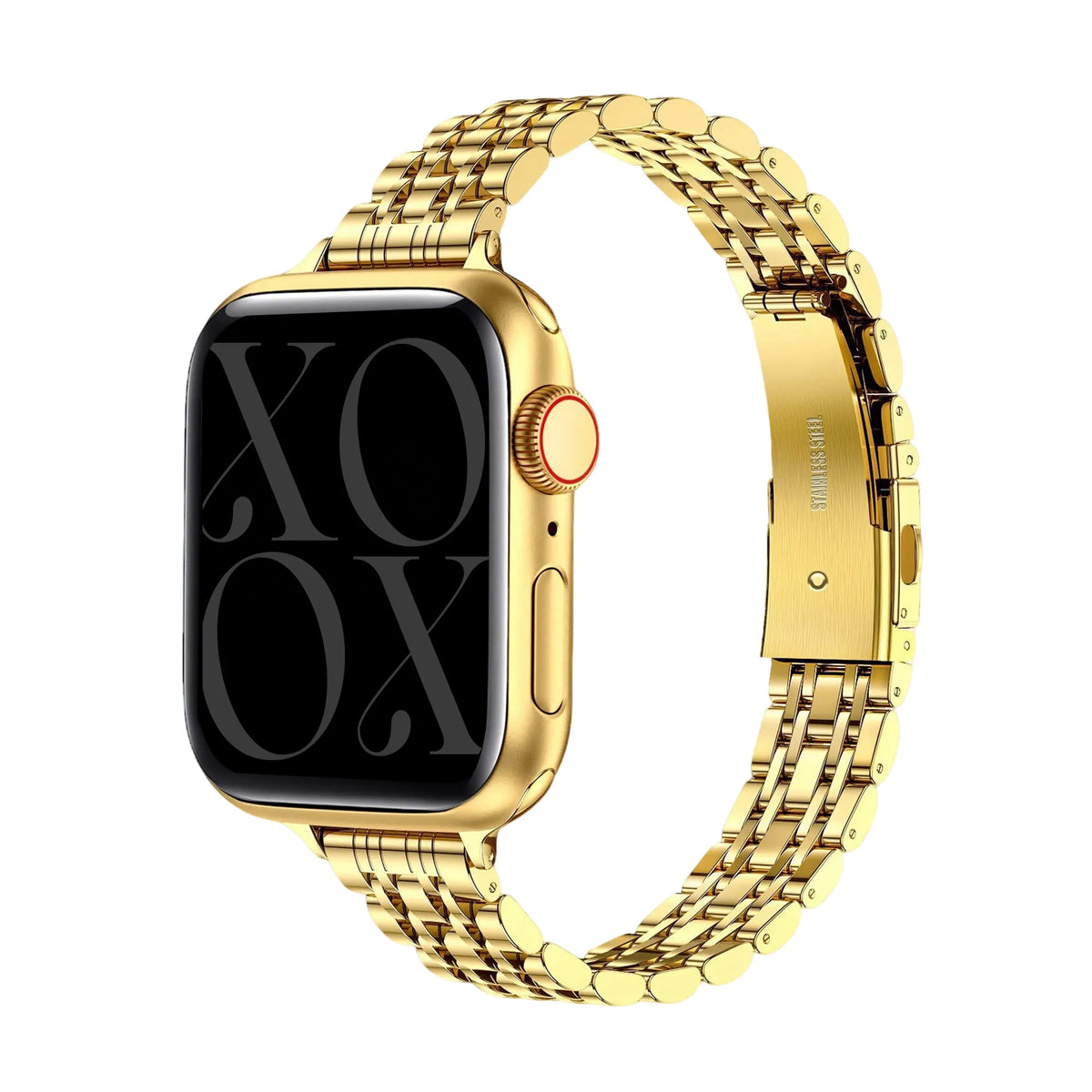 Steel Strap 'Slim', gold, on a watch, 3/4 front view
