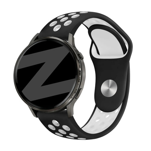 Silicone Sport Strap 'Deluxe', black/white, on a watch, 3/4 front view