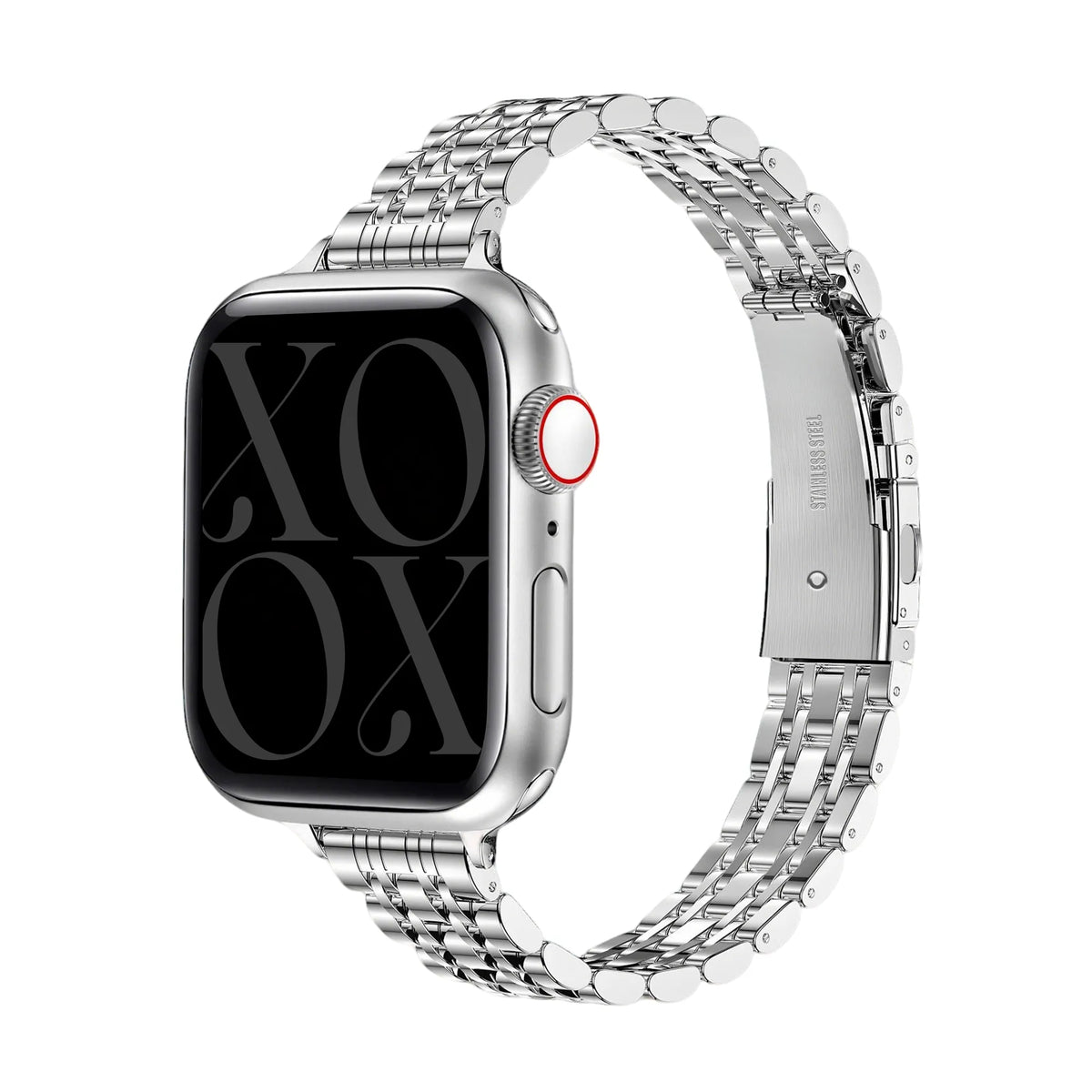 Steel Strap 'Slim', silver, on a watch, 3/4 front view