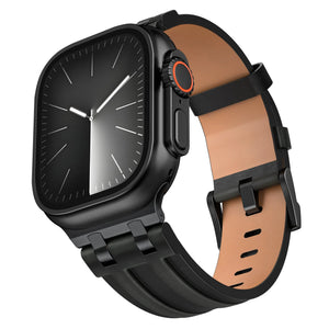 Solid Leather Strap, black, on a watch, 3/4 front view