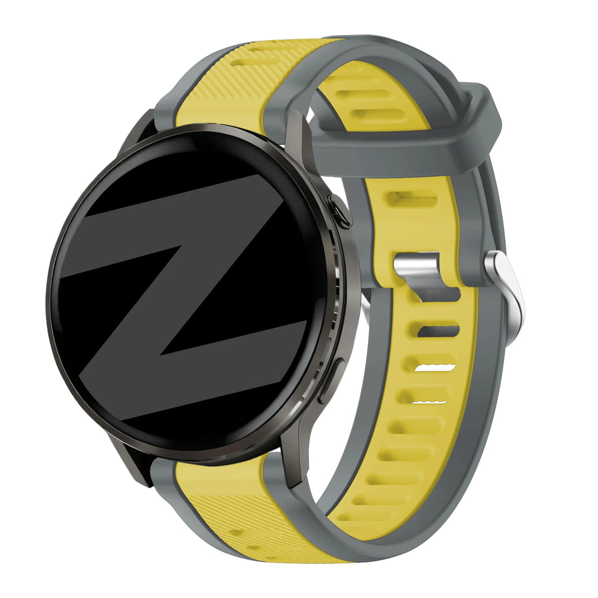 Silicone Dual Buckled Sport Strap, grey/yellow, on a watch, 3/4 front view