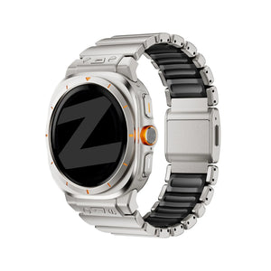 Titanium Strap 'Hybrid', titanium/black, on a watch, 3/4 front view