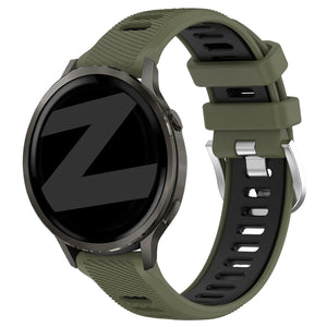 Silicone Buckled dual sport strap, olive green/black, on a watch, 3/4 front view