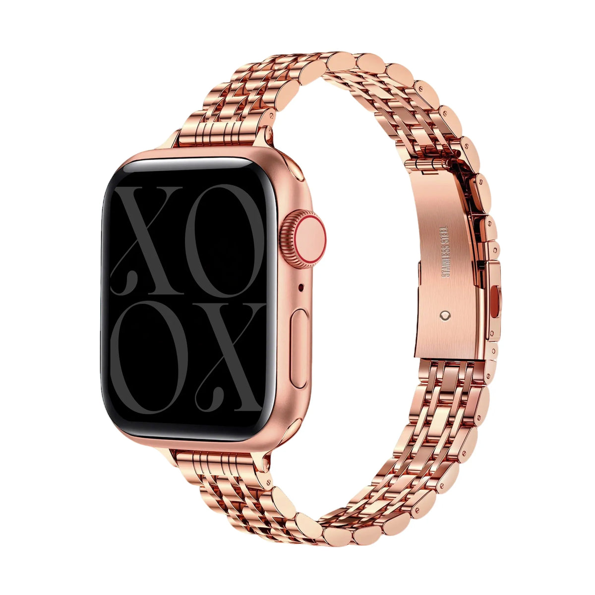 Steel Strap 'Slim', rose gold, on a watch, 3/4 front view