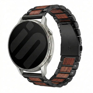 Wood Steel Strap, black, on a watch, 3/4 front view