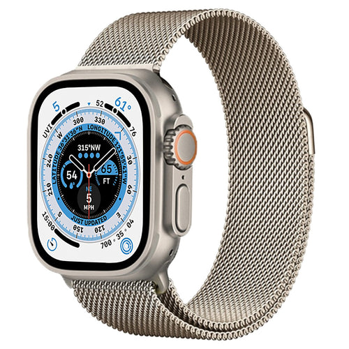 Milanese Strap, champagne, on a watch, 3/4 front view