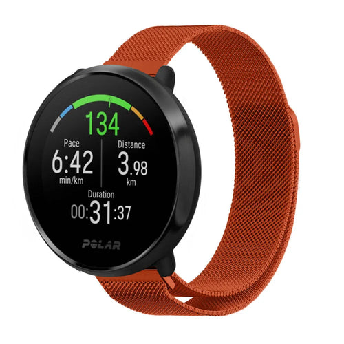 Milanese Strap, orange, on a watch, 3/4 front view