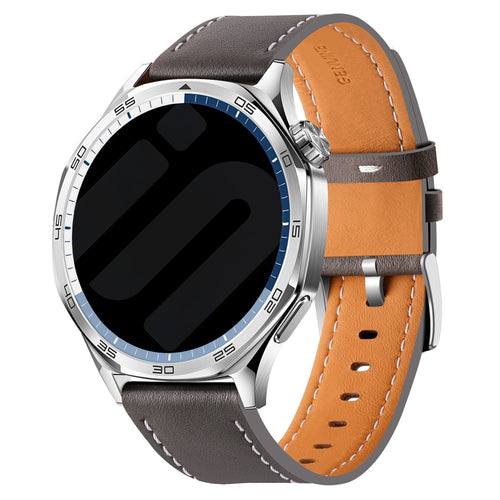 Leather Strap 'One Push', grey, on a watch, 3/4 front view