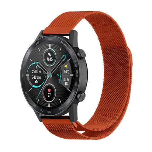 Milanese Strap, orange, on a watch, 3/4 front view