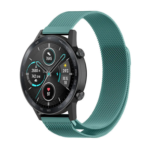 Milanese Strap, green, on a watch, 3/4 front view
