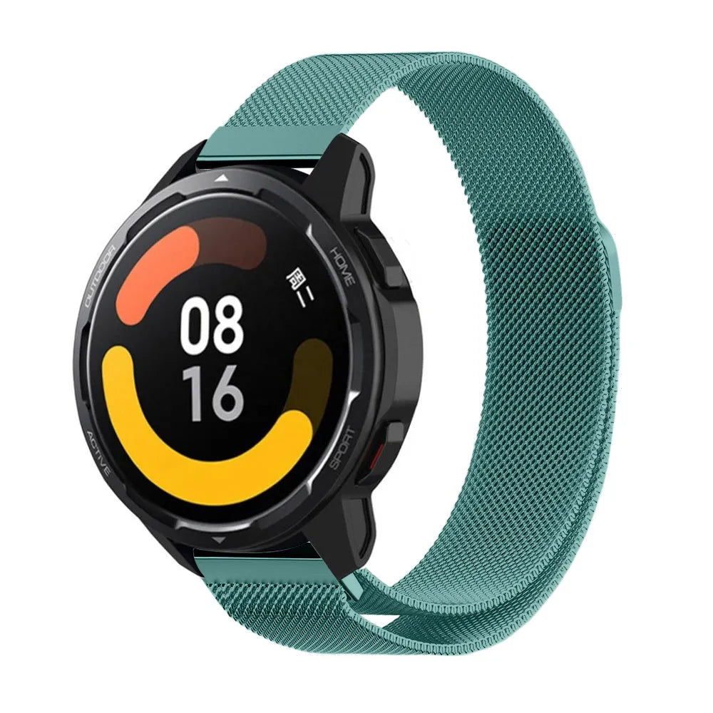 Milanese Strap, green, on a watch, 3/4 front view
