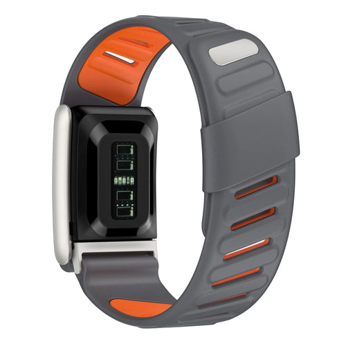 Silicone Sport Strap, grey/orange, on a watch, 3/4 front view