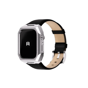 Reqior Boîtier en metal avec bracelet en cuir Apple Watch 45mm (argent/noir)
