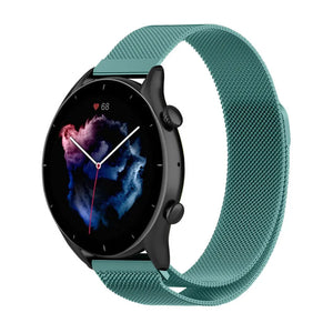 Milanese Strap, green, on a watch, 3/4 front view
