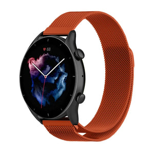 Milanese Strap, orange, on a watch, 3/4 front view