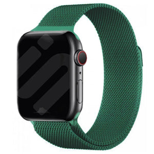 Milanese Strap, green, on a watch, 3/4 front view