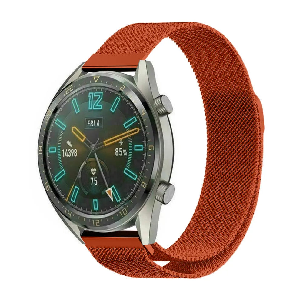 Milanese Strap, orange, on a watch, 3/4 front view