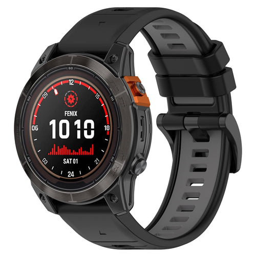 Silicone Buckled Sport Strap, black/grey, on a watch, 3/4 front view