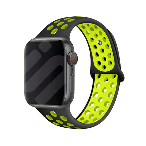 Silicone Sport Strap, black/yellow, on a watch, 3/4 front view
